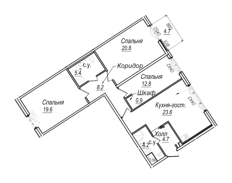 3-комнатная квартира 101.6 м², 6/8 эт., Комплекс апартаментов «Meltzer Hall»